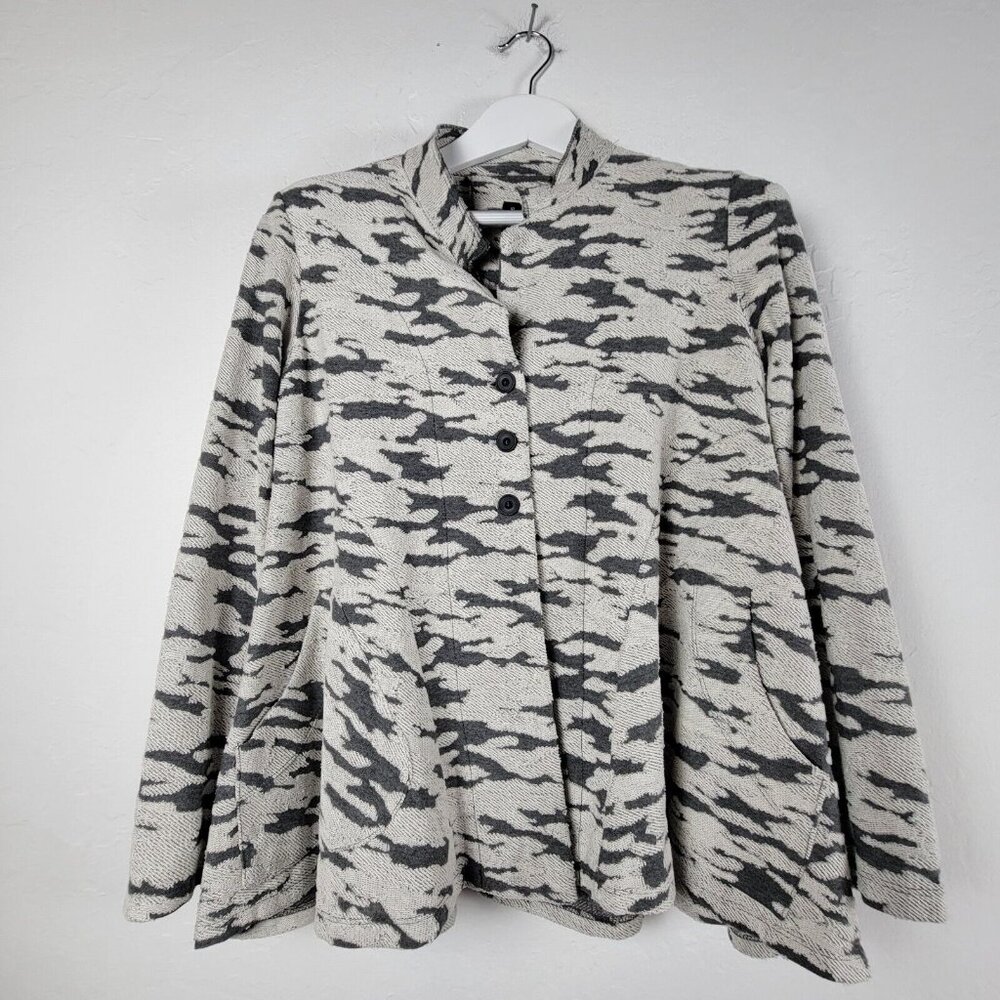 Gershon Bram Womens Small Ivory Gray Printed Mandarin Collar Swing Jacket Button